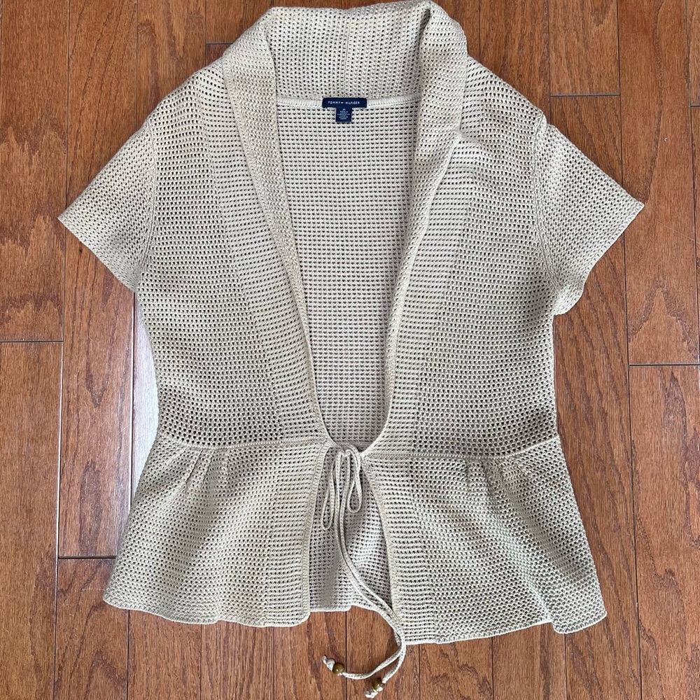 Rare Tommy Hilfiger Beige Knit Open Front Tie Short Sleeves Cardigan Size Medium